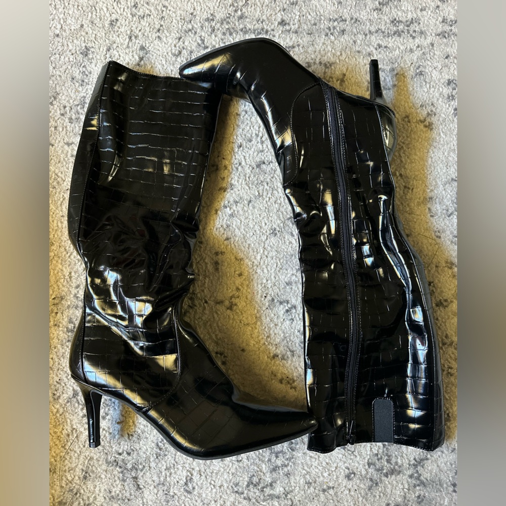 WORTHINGTON  Crocodile Black Patent Leather Knee-High Boots